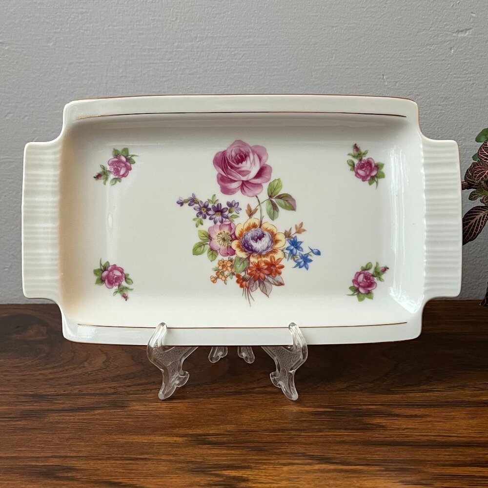 CP Colditz Porzellan Germany GDR Floral Serving Tray Platter Gold Trim Handles